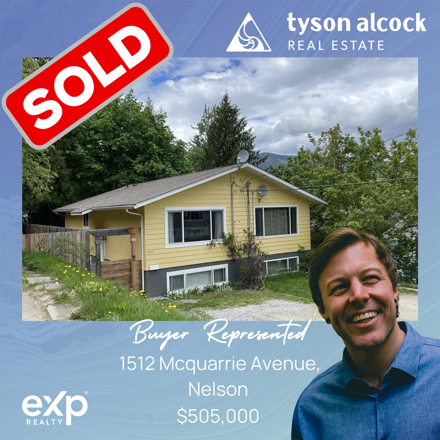 Two-level yellow home in Nelson BC with a sold sign, buyer represented by Tyson Alcock.